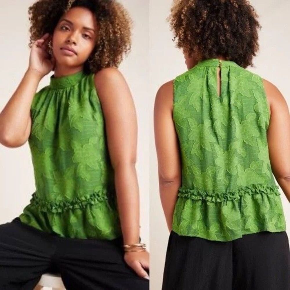 Anthropologie Green Sleeveless Ruffle-Hem Lace Blouse